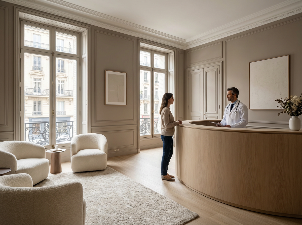 Hall d’accueil d’un centre de check-up médical haut de gamme à Paris