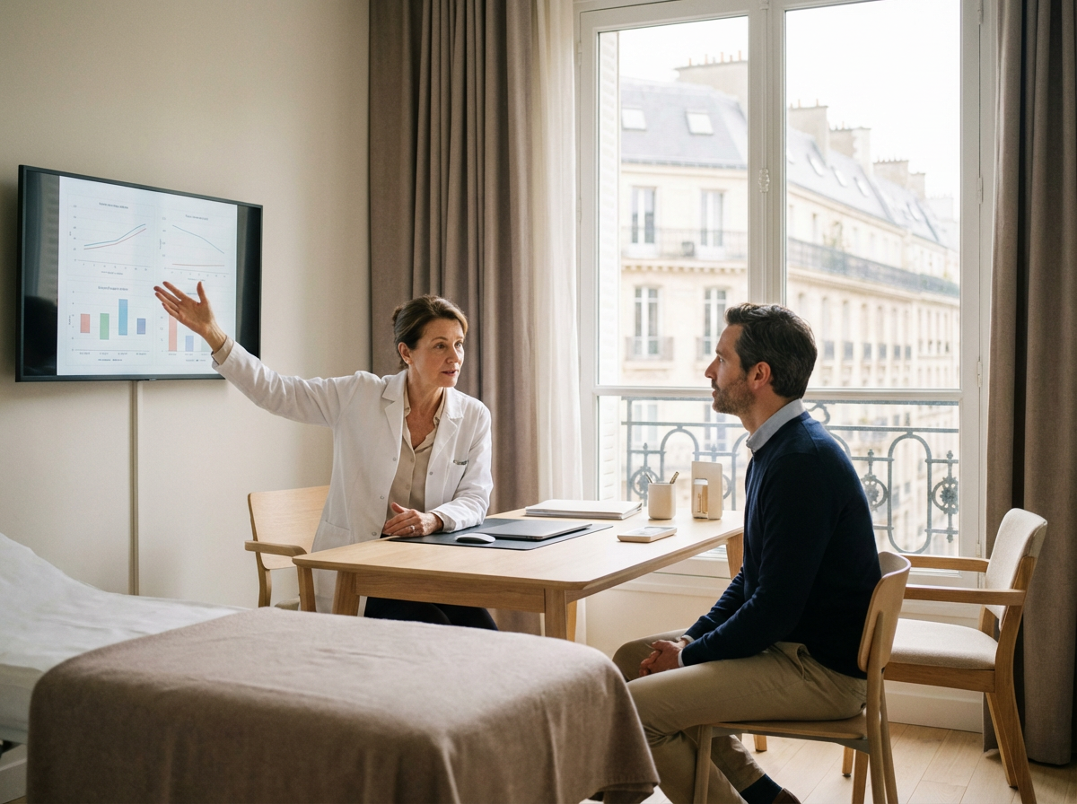 Médecin présentant un plan d’action santé à un patient à Paris